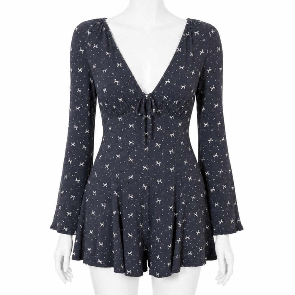 American Eagle Romper Womens XS Black Bow Print Bell Sleeve Keyhole Smocked Back